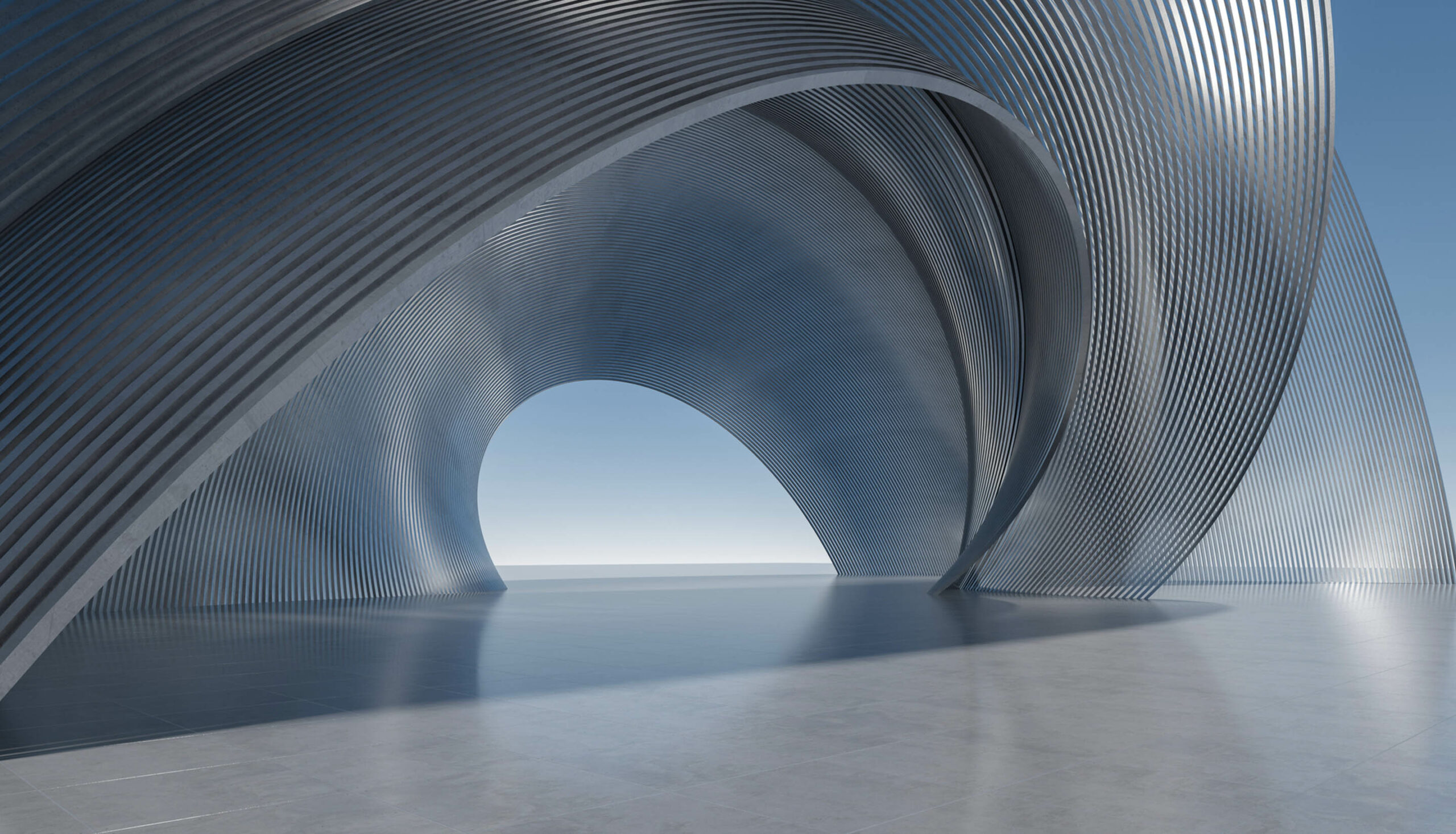 Futuristic metal archways curve elegantly against a clear blue sky, casting soft reflections on a polished concrete floor